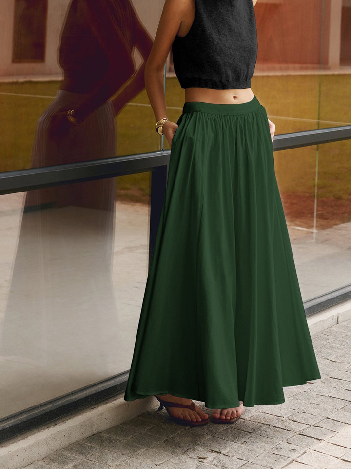Florence green high waist pleated A-line maxi skirt, front view