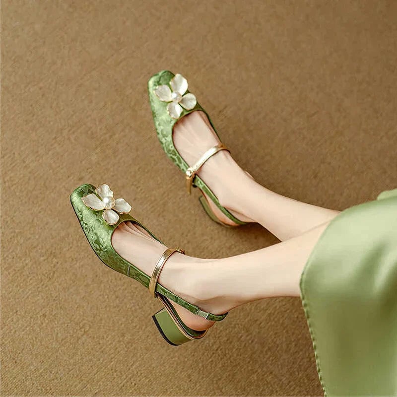 Florine floral slingback pump in green, rear view highlighting adjustable slingback closure