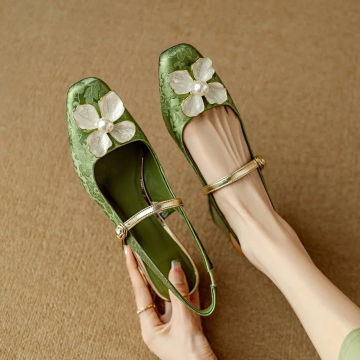 Florine floral slingback pump in beige with pearl flower embellishment and square toe block heel, front view