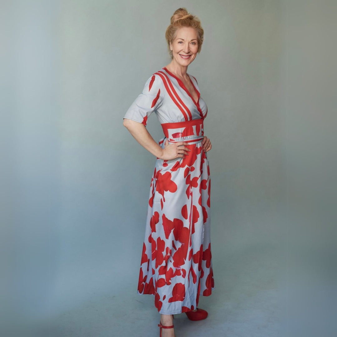 Front view of a lightweight floral wrap dress featuring a V-neckline and feminine silhouette