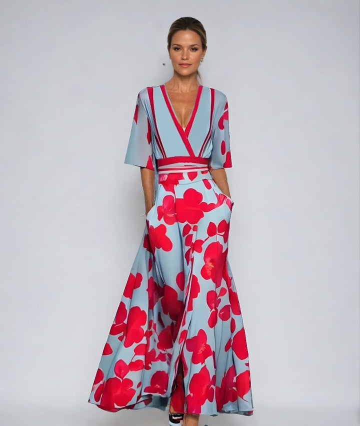 Close-up detail of the delicate floral print and wrap tie on a breezy summer dress