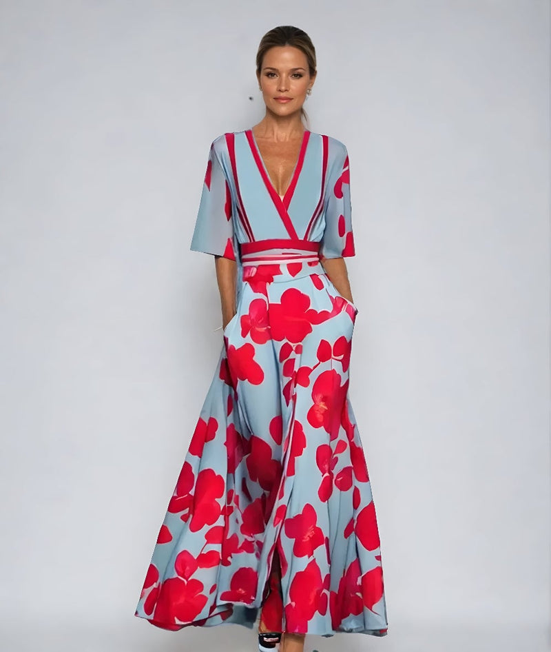 Close-up detail of the delicate floral print and wrap tie on a breezy summer dress