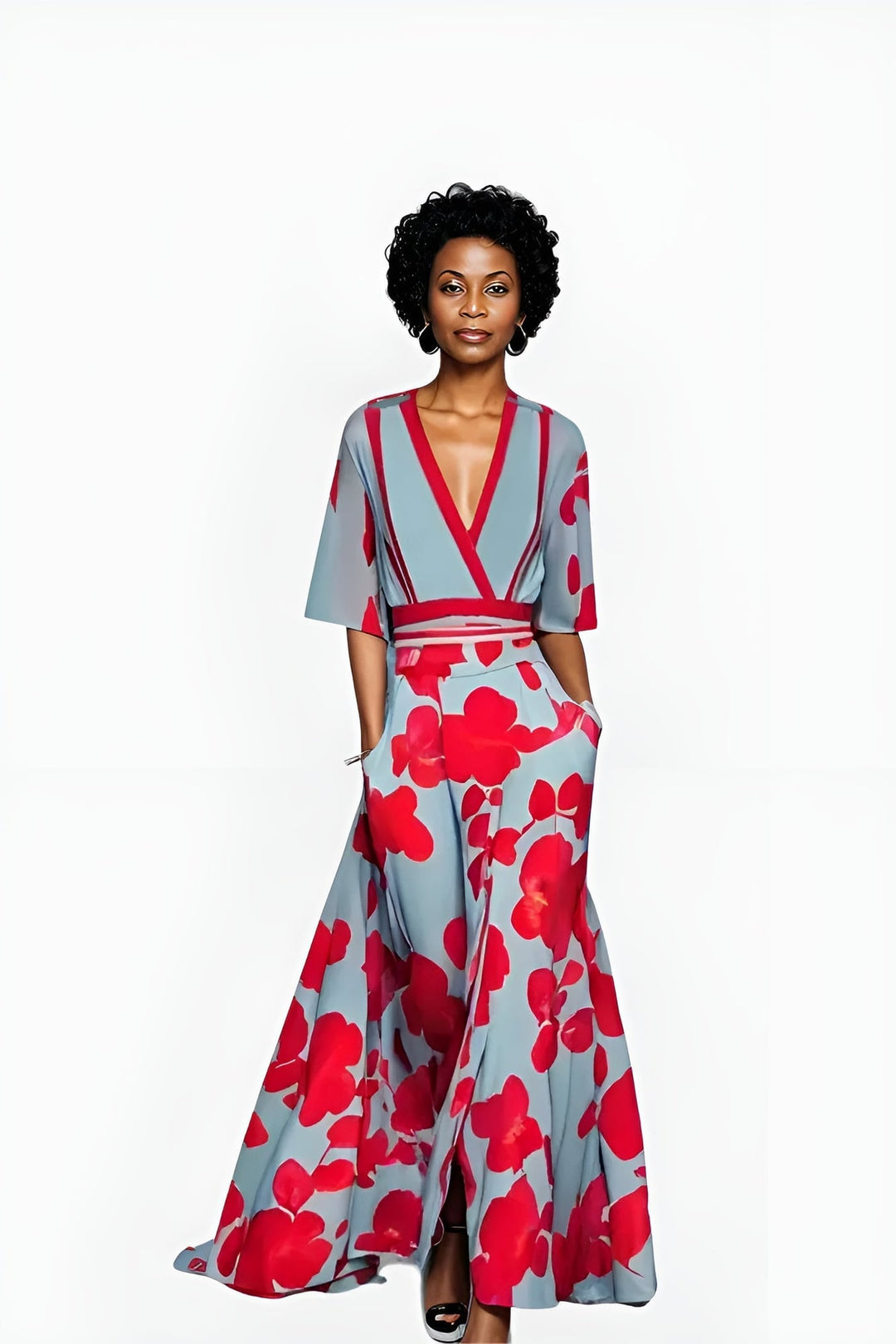 Model in a floral wrap dress styled with sandals for a casual daytime look