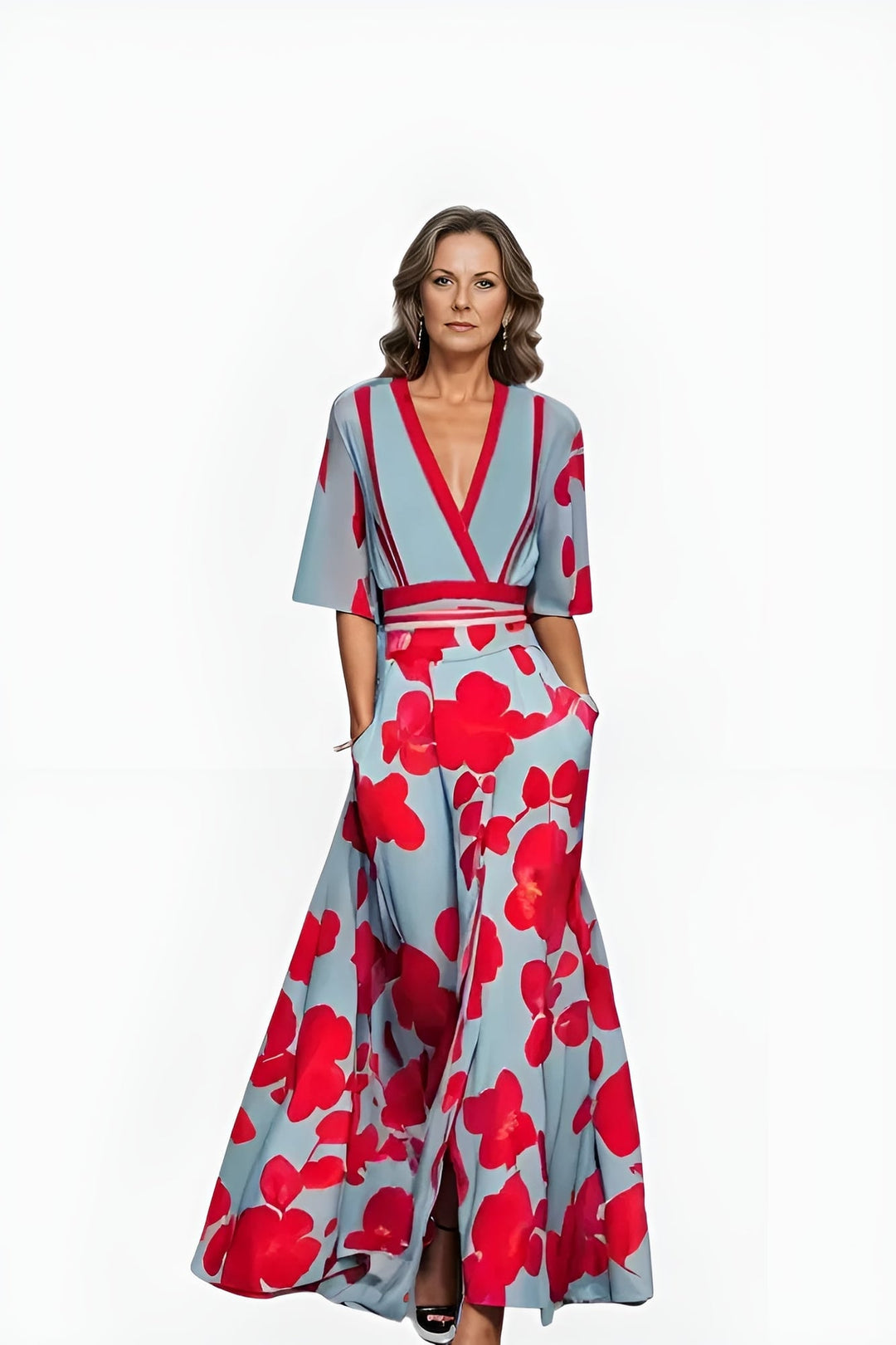 Side view of a floral wrap dress showing the flowing fabric and flattering waist definition