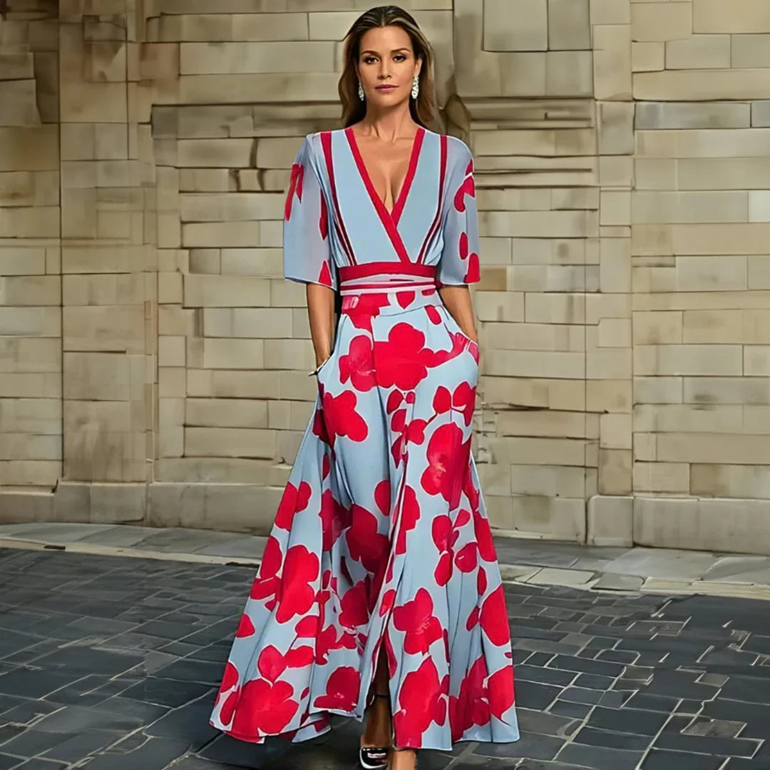 Floral wrap dress styled with heels and accessories for an elegant evening outfit