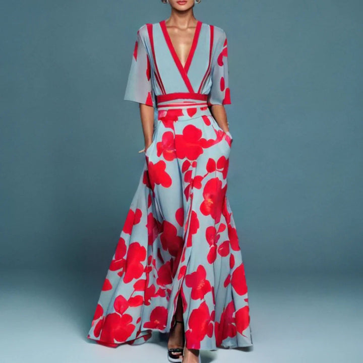 Full-length back view of a woman in a lightweight floral wrap dress