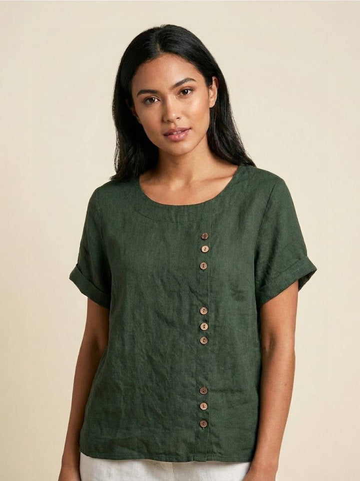 Front view of Foreen scoop neck button detail top in Army Green with cuffed short sleeves
