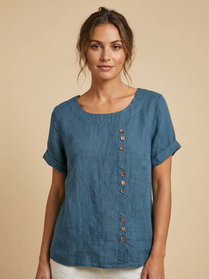 Side view of Foreen relaxed drop-shoulder top in Army Green showing vertical button accent