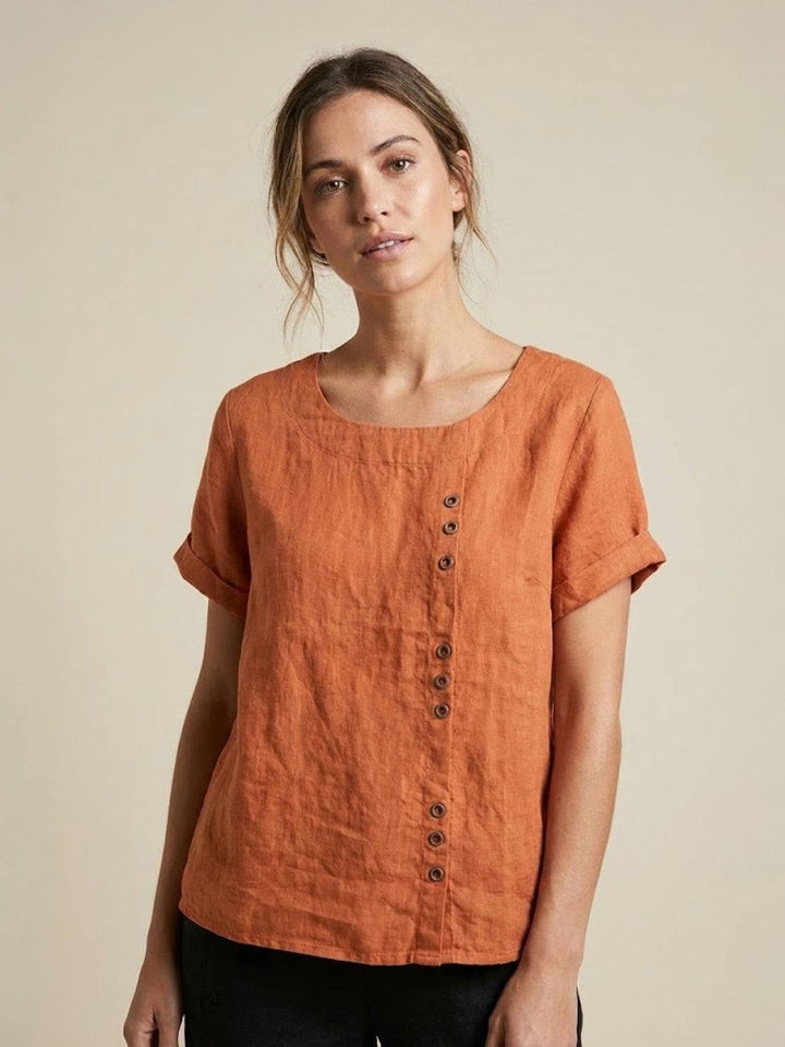 Front view of Foreen casual top in Deep Teal showing cuffed sleeves and scoop neckline