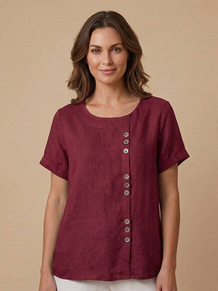 Close-up of scoop neckline on Foreen short sleeve top in Deep Teal