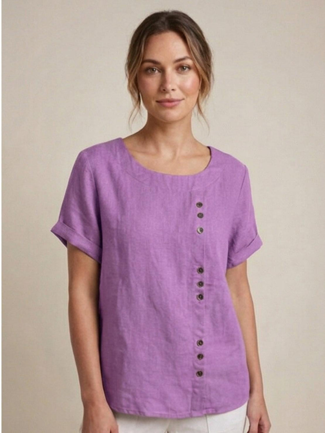 Foreen scoop neck top in Coffee Brown styled with white linen pants