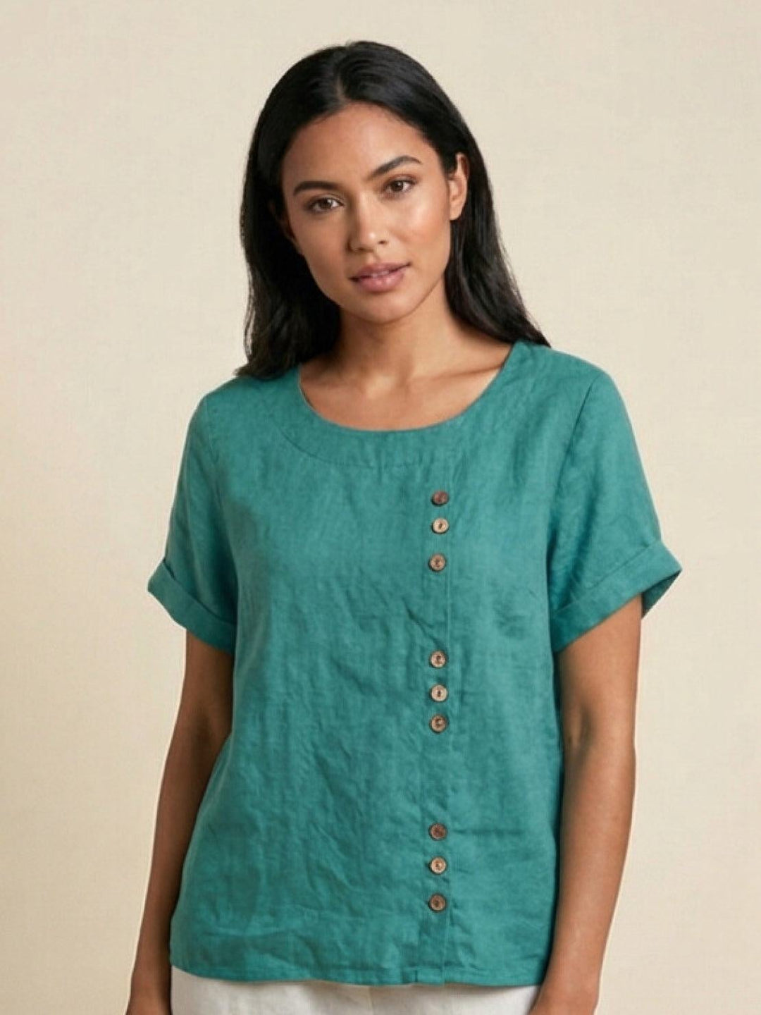 Front view of Foreen button accent top in Coffee Brown