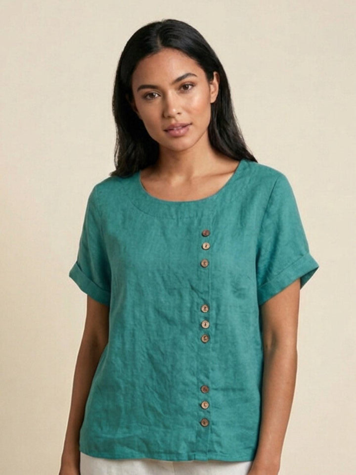 Front view of Foreen button accent top in Coffee Brown