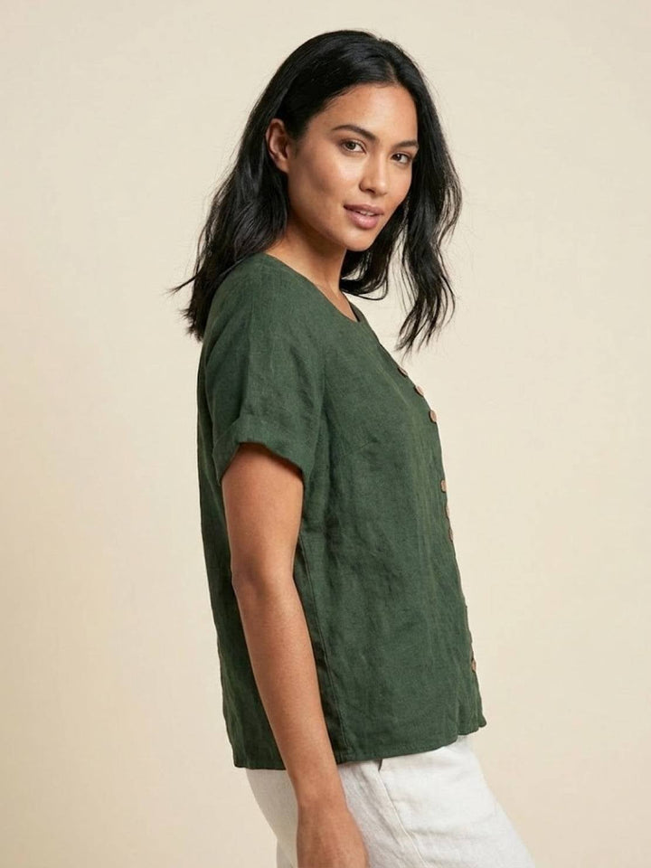 Front view of Foreen scoop neck top in Navy Blue on model