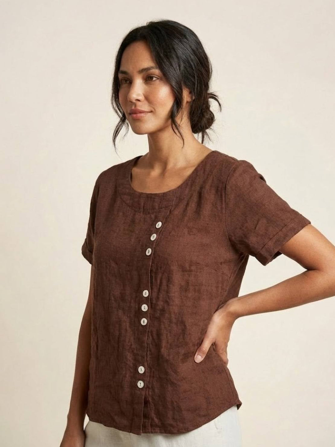 Model in Foreen relaxed drop-shoulder top in Light Pink styled loosely