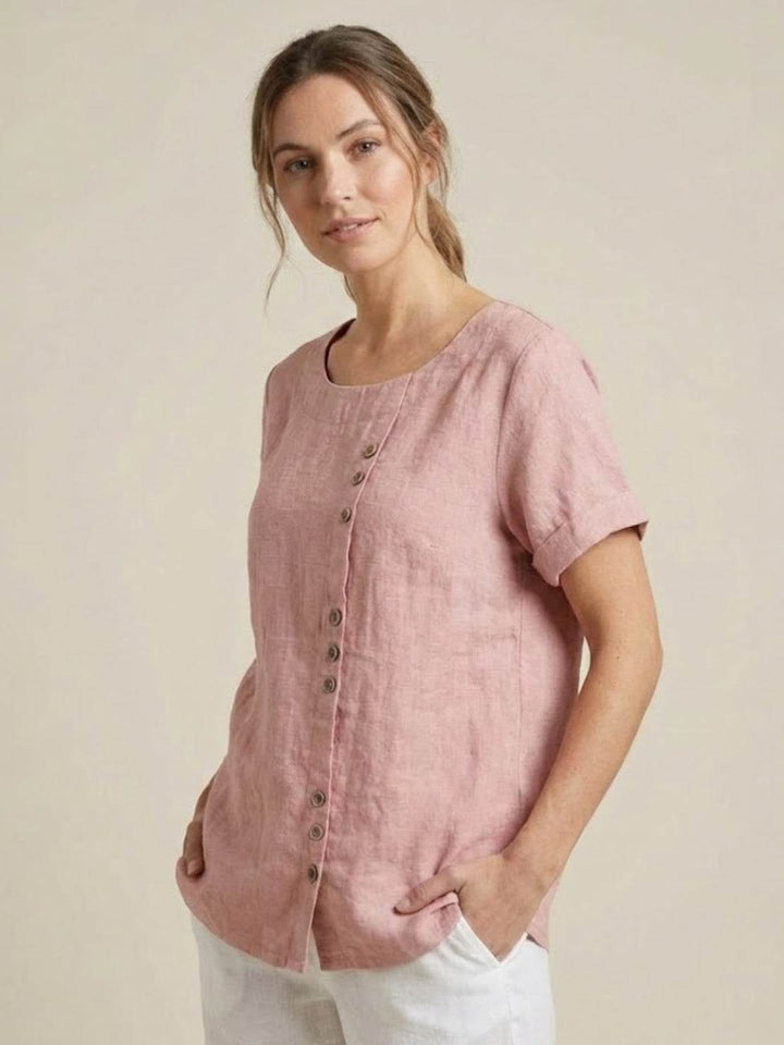 Close-up of wooden-tone button accent on Foreen top in Orange