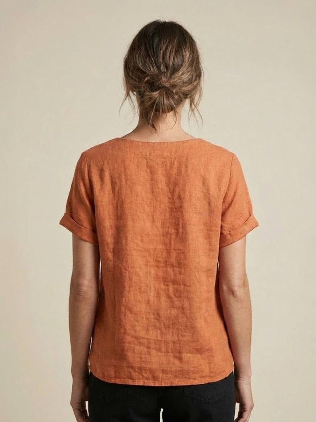 Model wearing Foreen casual scoop neck top in Burgundy