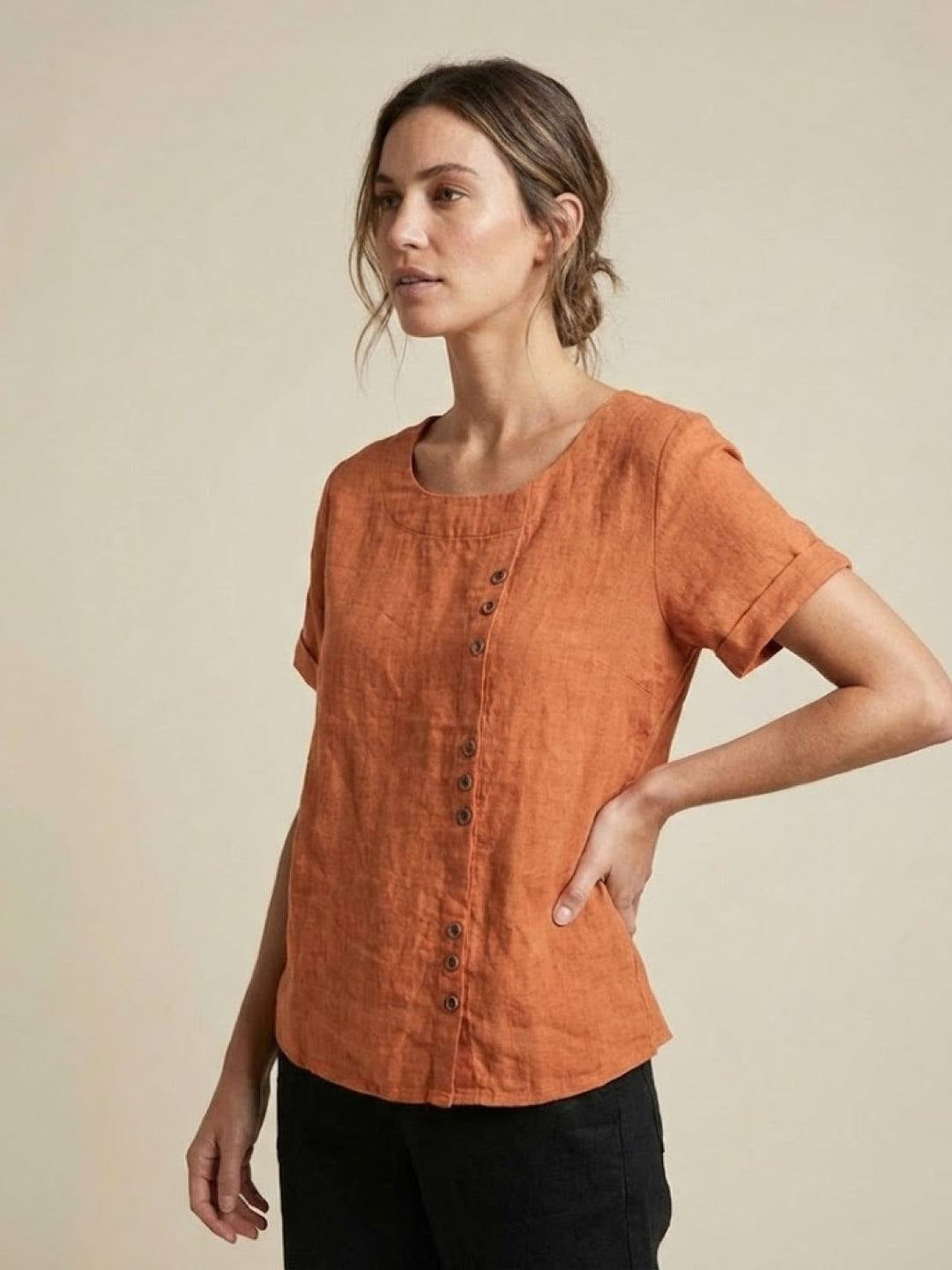 Flat lay of Foreen short sleeve top in Army Green showing full front detail