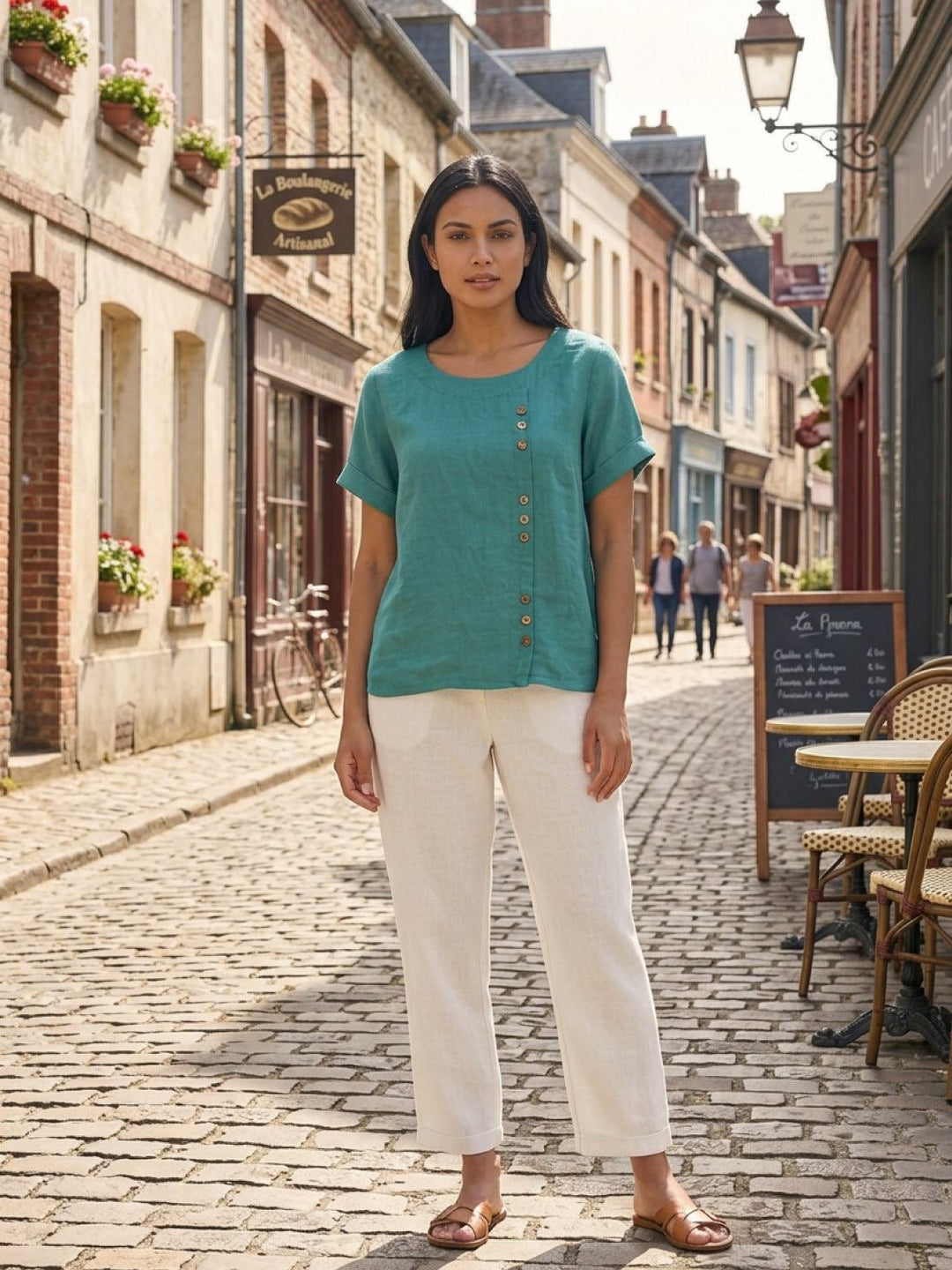 Detail shot of scoop neckline on Foreen casual top