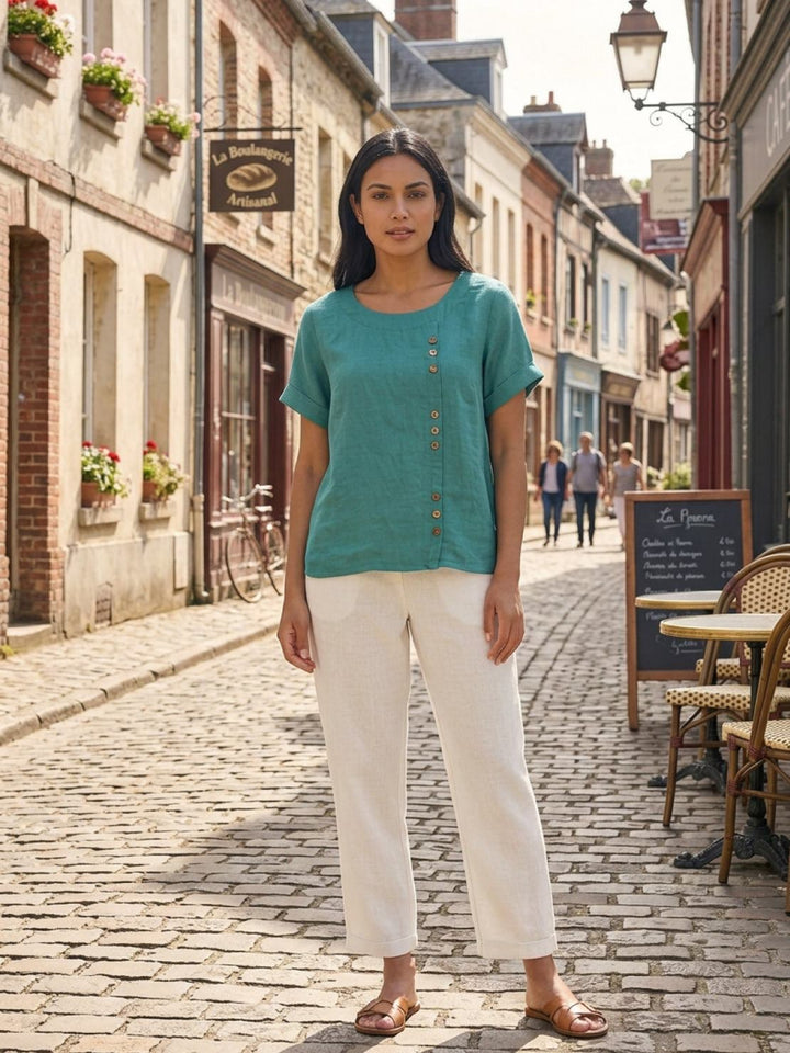 Detail shot of scoop neckline on Foreen casual top