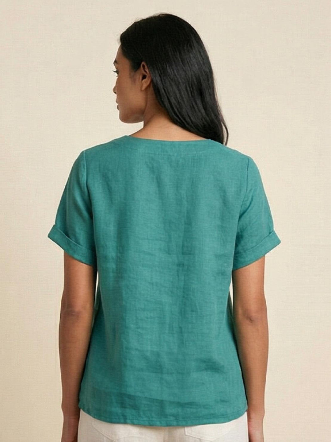 Size chart for Foreen scoop neck button detail top in inches for sizes S through 2XL