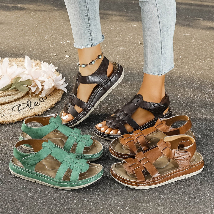Foxglove sandals in green from above highlighting open breezy design