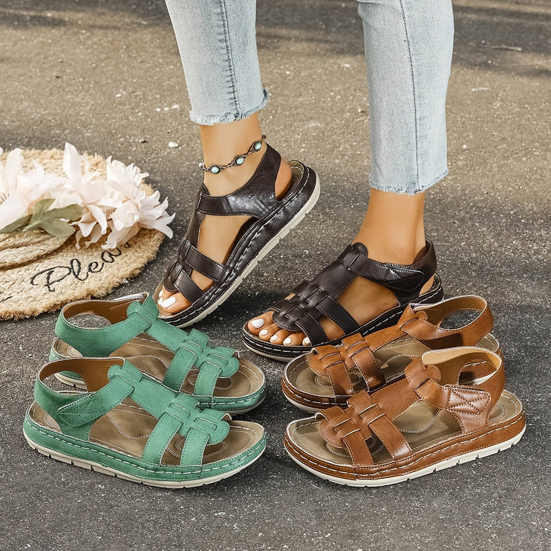 Foxglove sandals in green from above highlighting open breezy design
