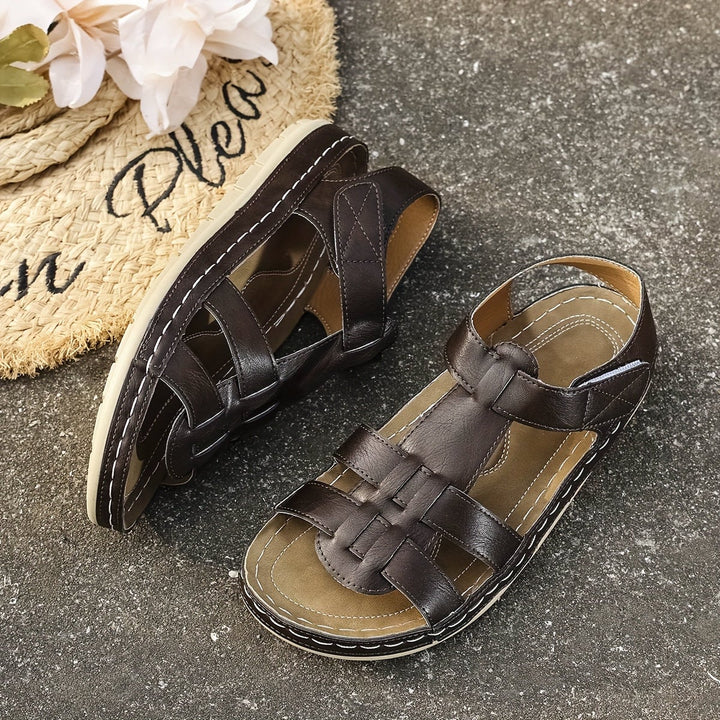 Foxglove women's sandals in coffee, front view on neutral background