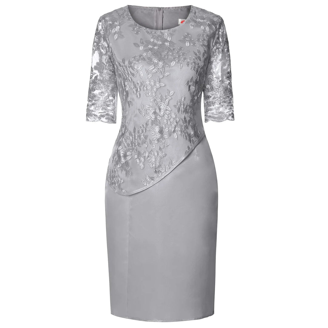 Full-length view of the Frances midi dress in grey showing the faux-wrap silhouette and midi hemline