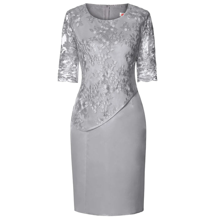 Full-length view of the Frances midi dress in grey showing the faux-wrap silhouette and midi hemline