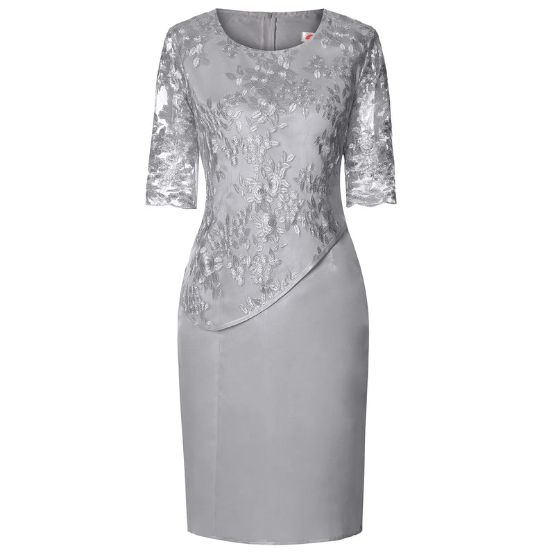 Full-length view of the Frances midi dress in grey showing the faux-wrap silhouette and midi hemline