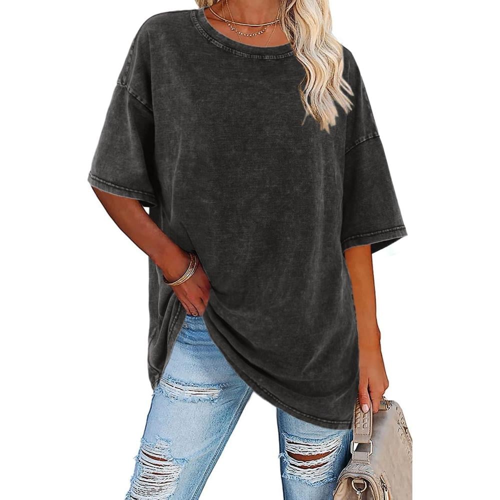 Army green oversized vintage washed women's crewneck t-shirt with relaxed short sleeves, front view