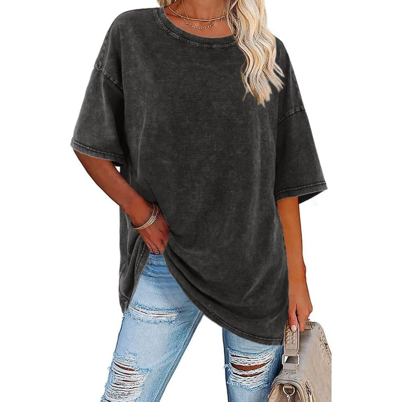 Army green oversized vintage washed women's crewneck t-shirt with relaxed short sleeves, front view
