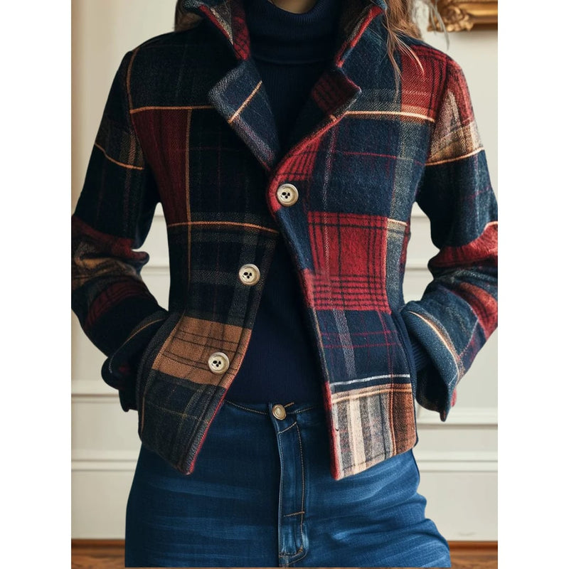 Woman wearing a multicolored classic plaid jacket with a tailored waist-defining silhouette