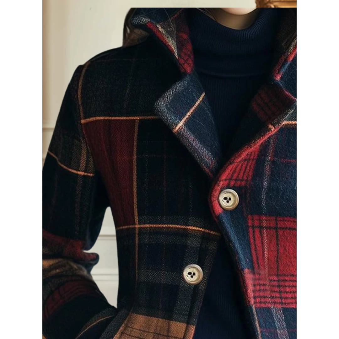 Front detail of the Francesca classic plaid jacket showing heritage check pattern and structured fit