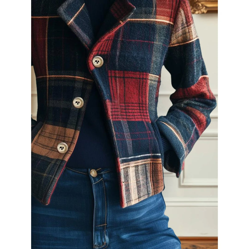 Side view of the Francesca plaid jacket highlighting figure-shaping cut and polished coverage