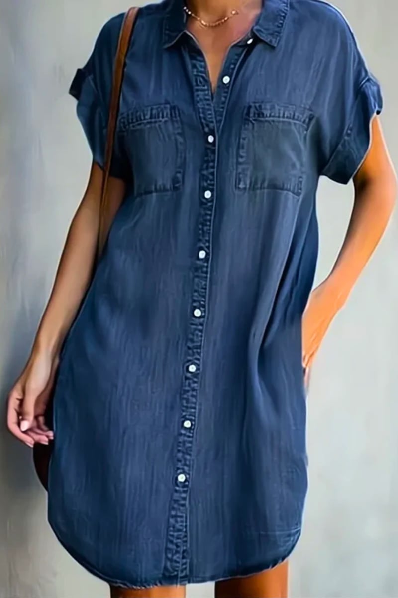 Woman wearing the Francesca casual denim dress in blue, showing the waist-defining silhouette and relaxed fit