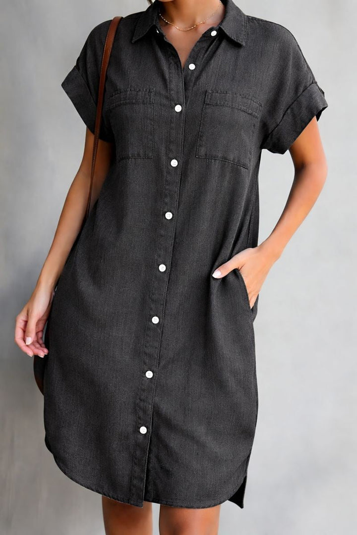 Front view of the Francesca women's denim dress in gray, highlighting the clean lines and flattering cut