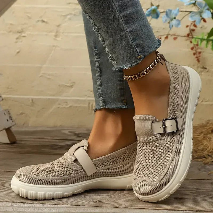 Francesca women's Mary Jane comfort shoes with buckle strap shown in a neutral colorway, front angle view