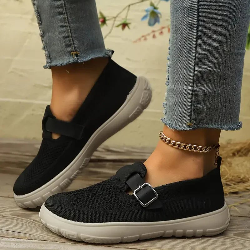 Francesca Mary Jane comfort shoes styled in a casual everyday outfit, side profile view showing rubber outsole