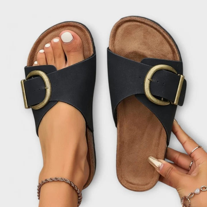 Freesia women's orthopedic adjustable sandal in beige showing contoured footbed and adjustable straps, front view