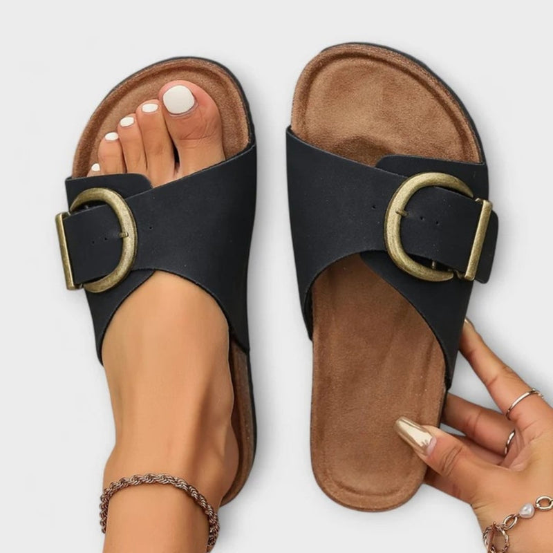 Freesia women's orthopedic adjustable sandal in beige showing contoured footbed and adjustable straps, front view