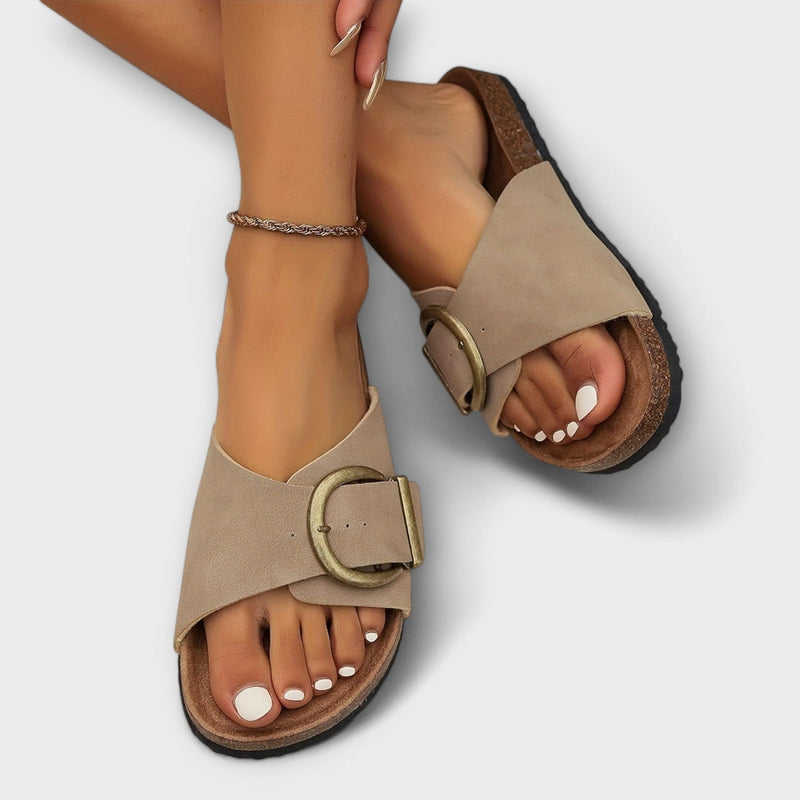 Freesia women's adjustable orthopedic sandal in khaki displayed flat to show arch support footbed detail