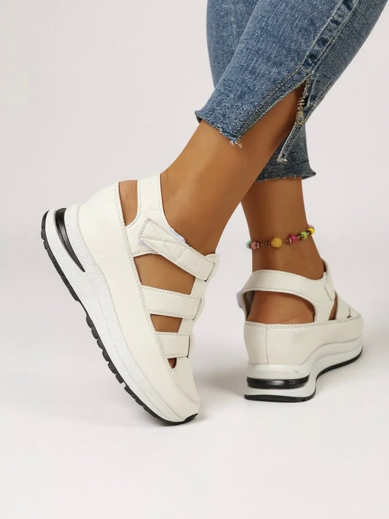 Freesia women's white platform adjustable sandals, front three-quarter view