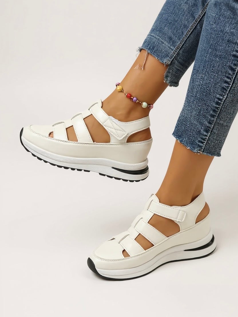 Freesia women's white platform sandals, side profile showing cushioned sole