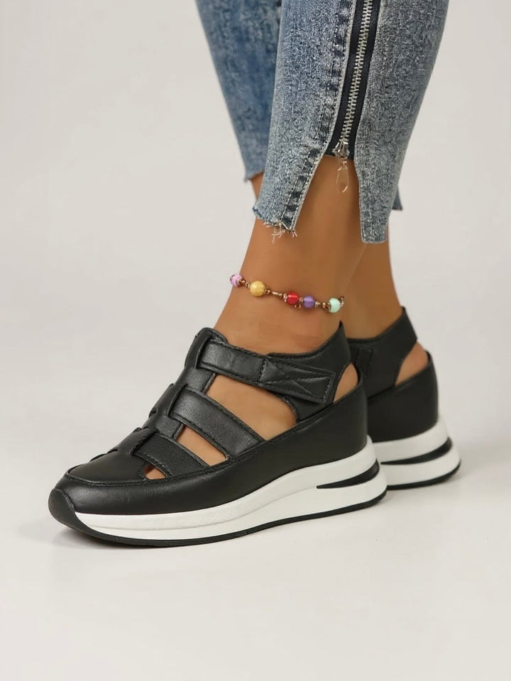 Freesia women's black platform adjustable sandals, front three-quarter view