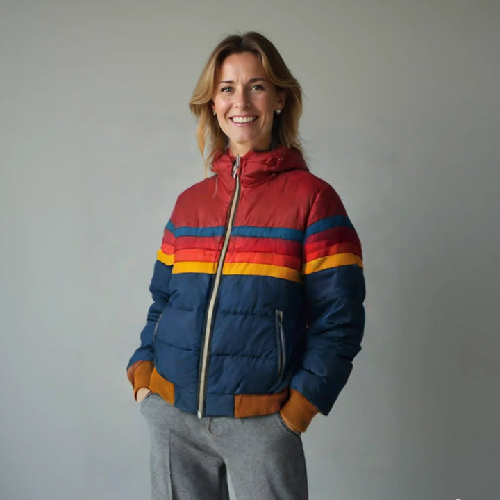 Woman wearing a marine blue retro zip-up jacket with rainbow stripe detailing, front view