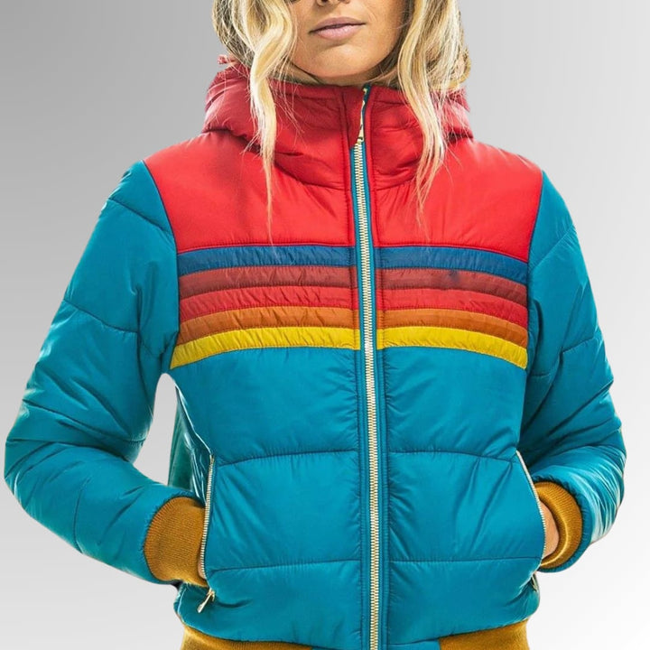 Collage showing retro zip-up jacket styled in marine blue, light blue, and black colorways