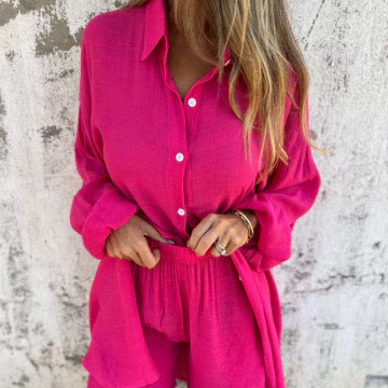 Flat lay of the Funa two-piece set showing shirt and pants side by side