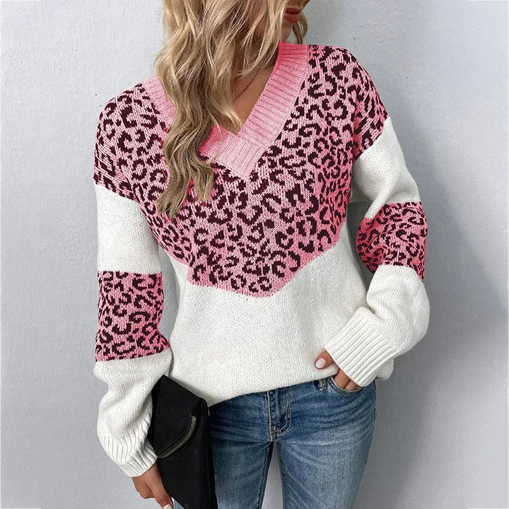 Gabriela leopard print sweater in pink displayed to show color and relaxed elegant silhouette